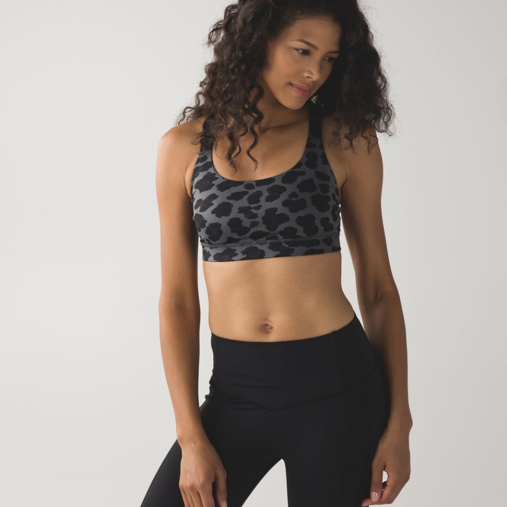 Lululemon energy bra, cherry cheetah colorway. Luxtreme fabric.